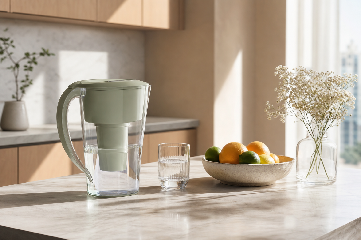 WATO concept water filter pitcher on a calm kitchen counter